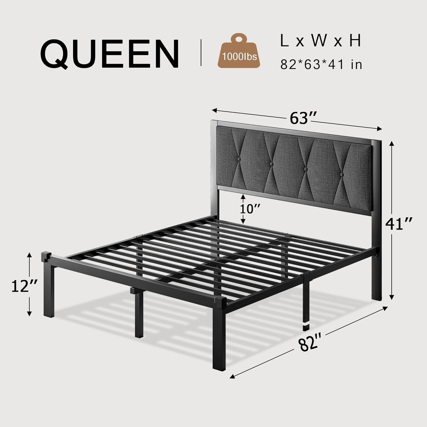 Estrutura de Cama Queen de Metal Cinza Escuro, Cabeceira Estofada e 30cm de Armazenamento sob a Cama - Plataforma sem Ruído