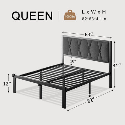 Estrutura de Cama Queen de Metal Cinza Escuro, Cabeceira Estofada e 30cm de Armazenamento sob a Cama - Plataforma sem Ruído