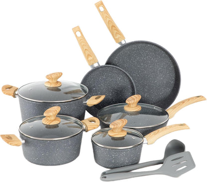 Conjunto de Panelas e Frigideiras Antiaderentes, 12 Peças em Granito Verde Compatíveis com Indução, Conjunto de Panelas para