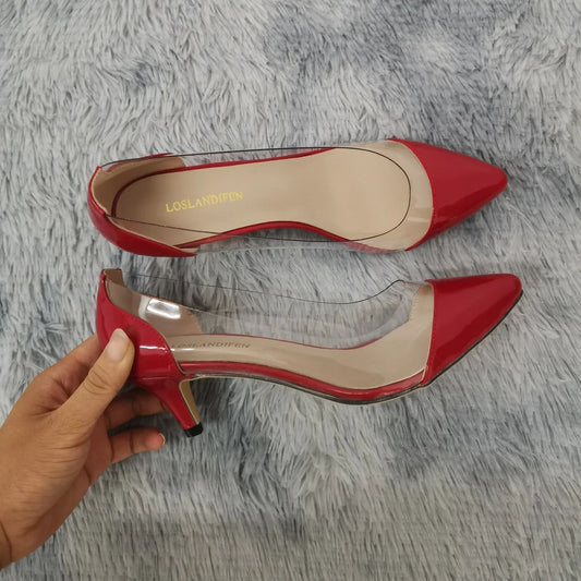 Women Patent Leather Sexy Pumps 2025 Autumn PVC Transparent 5cm Low Heel Pointed Toe Slip-on Thin High Heels Party Wedding Shoes
