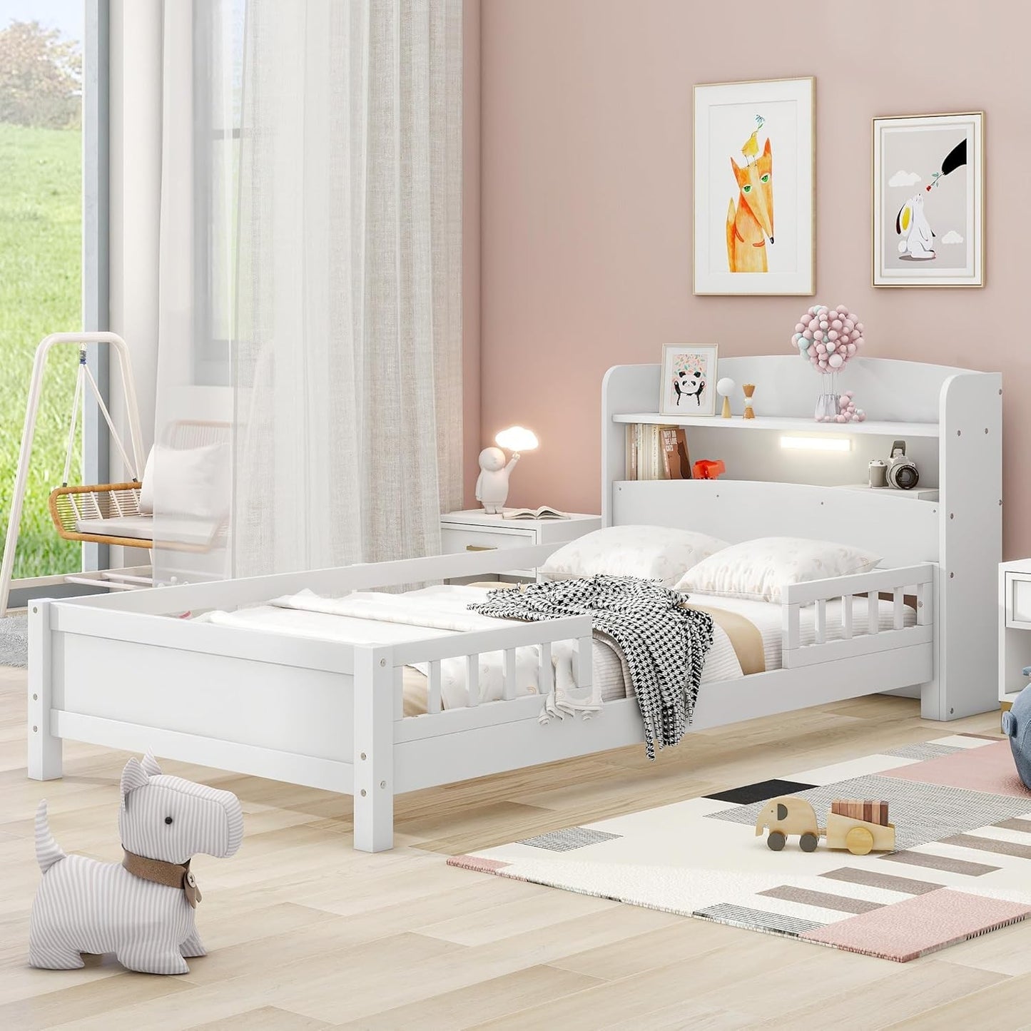 Estrutura de Cama de Solteiro com Cabeceira Armário, Branco - Cama Infantil de Madeira Maciça com Luz LED Embutida, Grade de Proteção e Estrado - 87L x 43