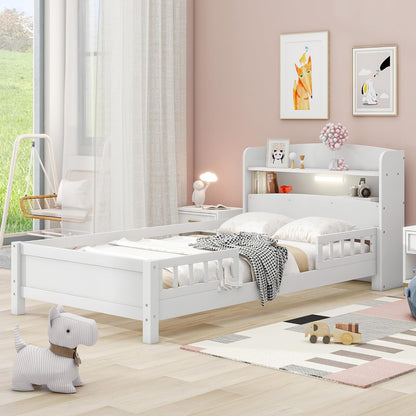 Estrutura de Cama de Solteiro com Cabeceira Armário, Branco - Cama Infantil de Madeira Maciça com Luz LED Embutida, Grade de Proteção e Estrado - 87L x 43