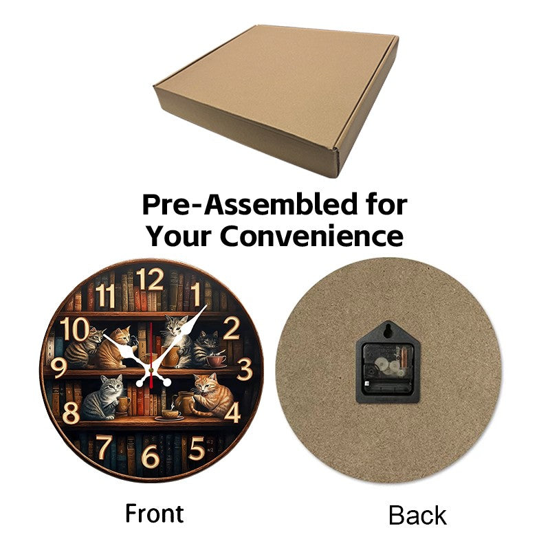 Bookshelf With Cats Wooden Round Silent Hanging Wall Clock, Suitable For Living Room, Office,Study Room,Bedroom, Home Decoration