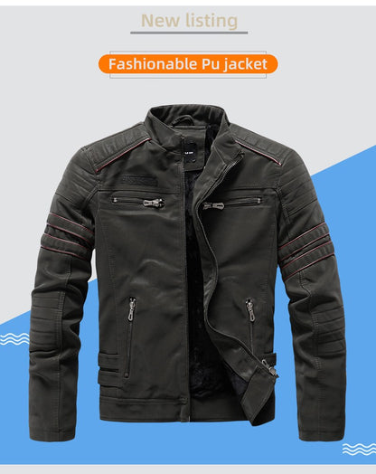 Men's autumn and winter frosted leather jacket, fashionable slim fit and brushed motorcycle fashion brand slim fit jacket