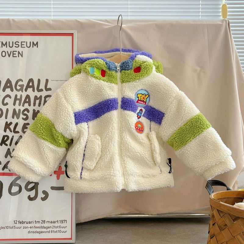 Casaco Infantil de Inverno Disney Buzz Lightyear 90-130cm Novo Bebê Menino Menina Desenho Animado Forro Polar Textura Engrossada Bloco de Cores Casaco com Capuz