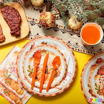 175 PCS Thanksgiving Disposable Paper Plates Paper Gold Disposable Dinnerware Set for Fall Harvest Thanksgiving Parties Ideal f