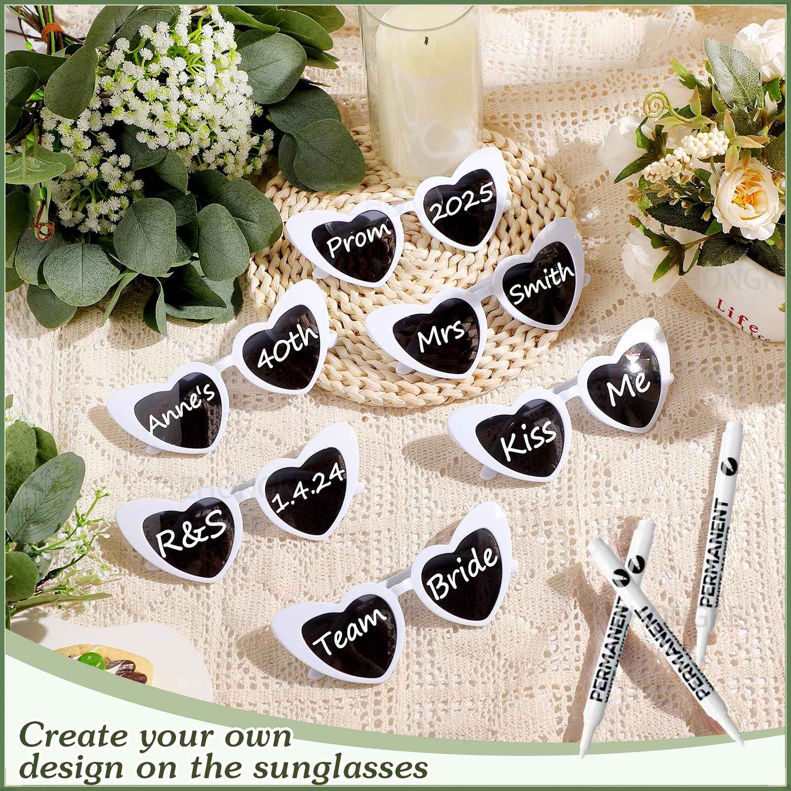 100-10Pcs DIY Wedding Sunglasses Personalised Heart Sunglasses with Pen Bachelorette Party Glasses Bridesmaid Gifts for Guests