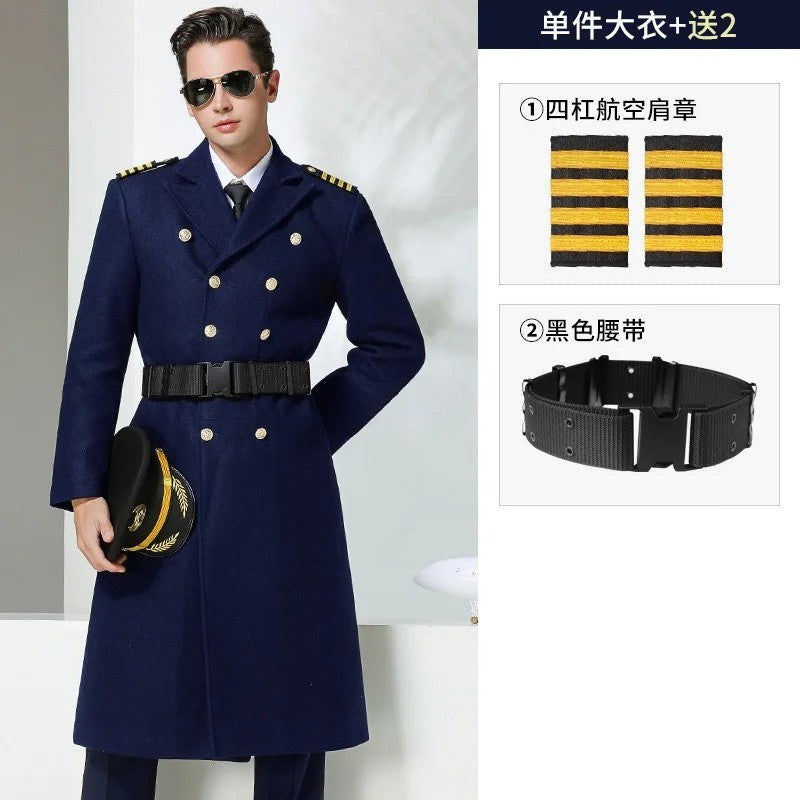 Airline Pilot Men's Woolen Long Jacket Thickened Cotton Wool Blend Trend Coat Air Company Captain Property Concierge Overcoat