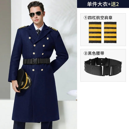 Airline Pilot Men's Woolen Long Jacket Thickened Cotton Wool Blend Trend Coat Air Company Captain Property Concierge Overcoat