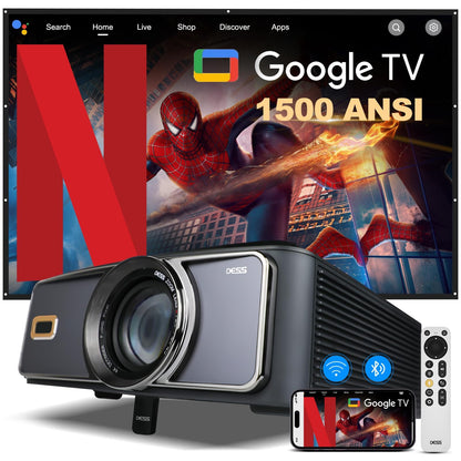Projetor DESS 4K Foco Automático Controle de Voz Home Theater Vídeo Android Full HD Smart Projetor com Netflix e Google TV
