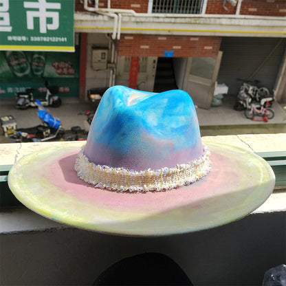 Chapéu Fedora Pintado à Mão Masculino e Feminino Chapéu Panamá Moda Primavera Outono com Pena Envolta Chapéu Fedora de Lã com Aba Grande