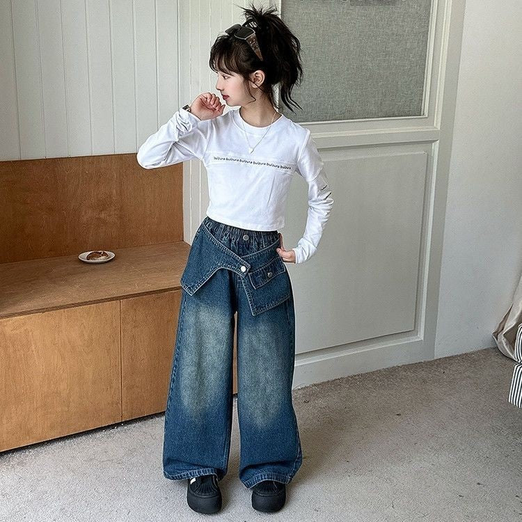 2025 Autumn Trendy Korean Style Flared Jeans for Girls - Medium & Large Kids, Ruffled Long Pants for Junior High Students