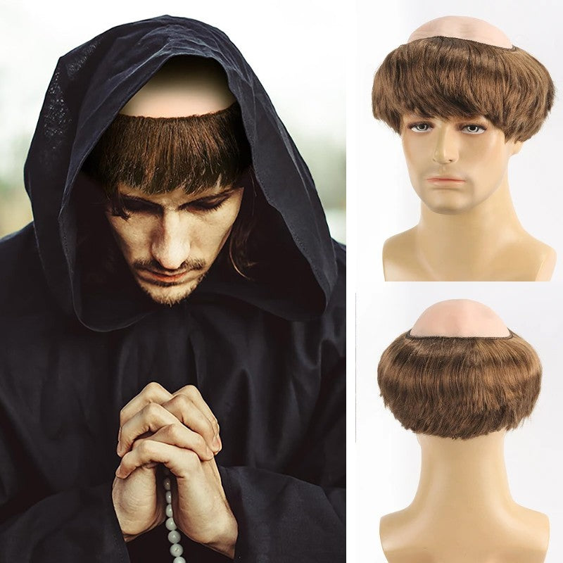 Peruca Sintética Careca Engraçada de Monge para Cosplay, Marrom Novedoso, Adequada para Festas Temáticas de Halloween e Natal, Peruca Careca de 6 Polegadas