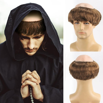 Peruca Sintética Careca Engraçada de Monge para Cosplay, Marrom Novedoso, Adequada para Festas Temáticas de Halloween e Natal, Peruca Careca de 6 Polegadas