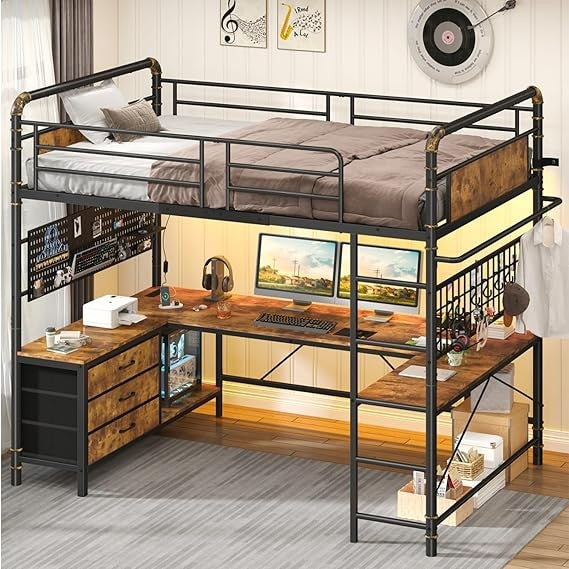 Loft Bed with U-Shaped Desk, Metal Loft Bed with LED Lights, Charging Station, Industrial Heavy Duty Bunk Loft Bed Frame