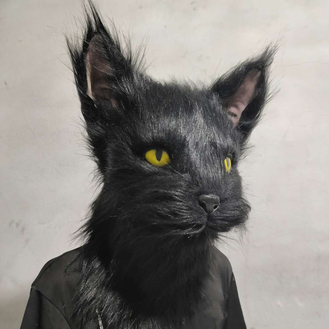 Latex with Fur Black Cat Cosplay Mask Scary Helmet Animal Funny Costume Hood Hair Mask Headwear Adult Halloween Party Props