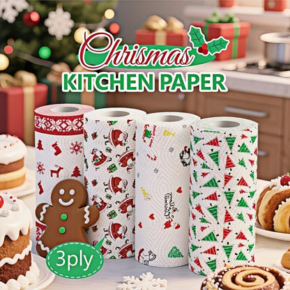 Papel Toalha de Cozinha Natalino Grosso 3 Camadas Descartável Rolo de Limpeza Forte Absorvente Úmido e Seco para Uso Doméstico