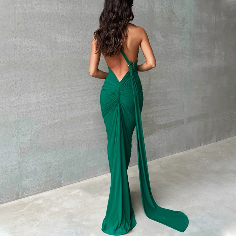Hugcitar One Shoulder Backless Adjustable Scarf Loop Ruched Sexy Maxi Dress Wome