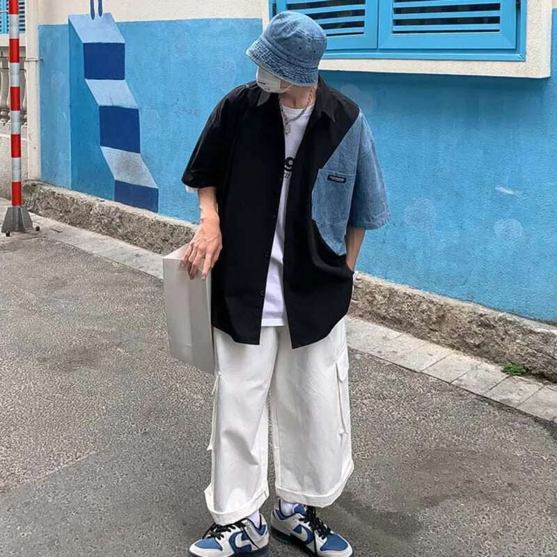 2025 Summer Streetwear Men Short Sleeve Irregular Patchwork Denim Shirt Male Tops Daily Casual Pocket Blouses Unisex Clothes