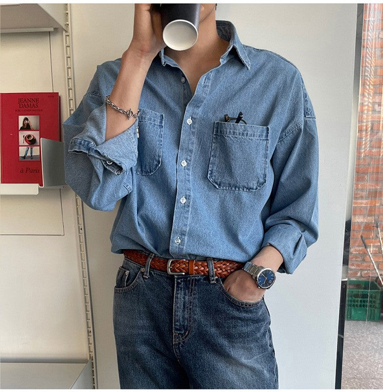 Spring Clothing Men's Denim Long-sleeved Pocket Shirt Casual Korean Turn down Button Streetwear Light Luxury Stylish 2025 New