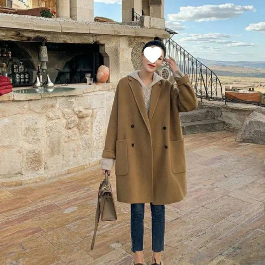 Plus Size Double-Sided Woolen Jacket Women's Midi Length Single-Breasted Loose Fit Fashionable Korean Style Suit Collar Macar...