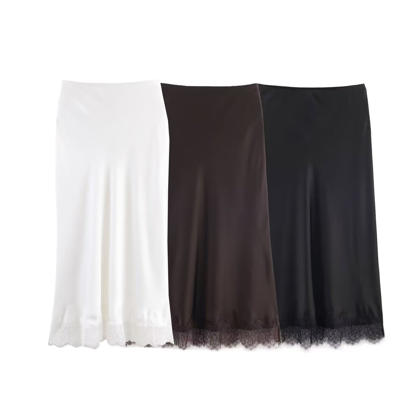 Sexy Satin Half-length Skirt for Women Autumn 2025 Fashionable Trendy Girl Long Skirt A- line Lace Embellished Commute Style