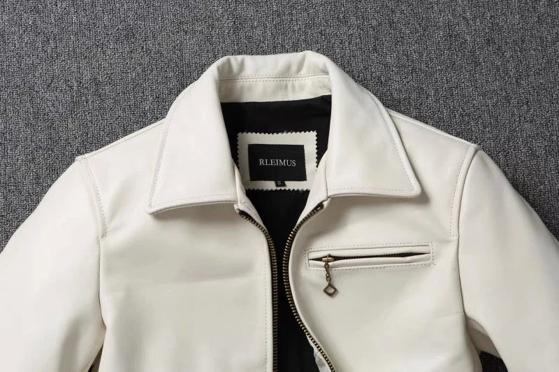 Men's Genuine Leather Jacket White Lapel Calfskin Jacket Natural Cowhide Men's Coat Slim Fit Top Layer Cowhide Biker Jacket