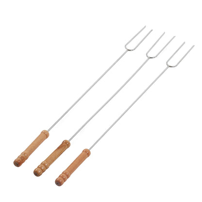 3Pcs 47.2cm Barbecue Forks Multifunctional Stainless Steel Roasting Stick with Beech Wood Handle for Outdoor BBQ Camping