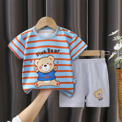 Cotton Pajama Cartoon T-Shirt+Shorts 2-Piece Clothing Set Kids Summer Baby Boys Girls Stripe Casual Tracksuit Clothes Suit 0-6 Y