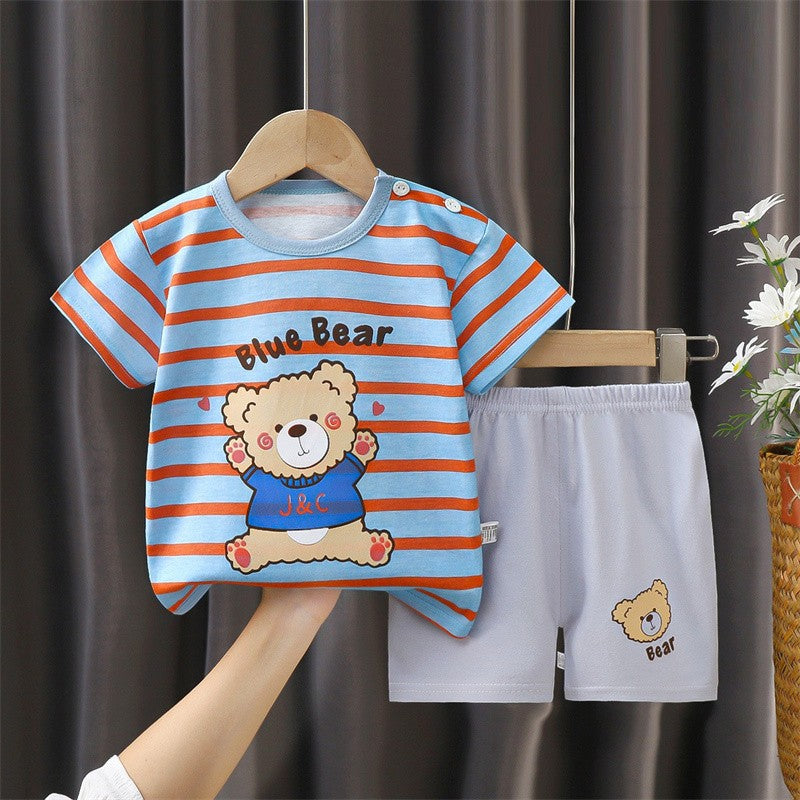 Cotton Pajama Cartoon T-Shirt+Shorts 2-Piece Clothing Set Kids Summer Baby Boys Girls Stripe Casual Tracksuit Clothes Suit 0-6 Y