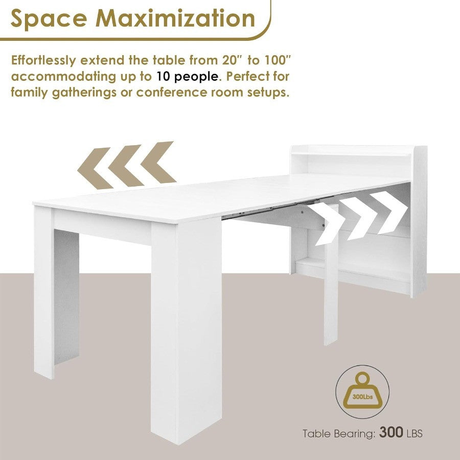 DMAITH 2099 White Extendable Dining Table with Storage for 210 People Modern Modular Extension Table SpaceSaving Extra Long Fol
