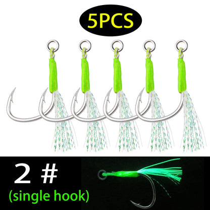 Anzóis Jig Assist 5 Peças, Linha de Aço Inoxidável de Alta Resistência, Tubo Luminoso, Pena, Anel Sólido, Anzol de Jigging, Anzóis de Pesca de Barco