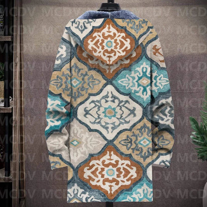 Men's Retro Flower Print Plush Thick Long-Sleeved Coat Fleece Hooded Overcoat Unisex Thick Warm Jacket-12 style