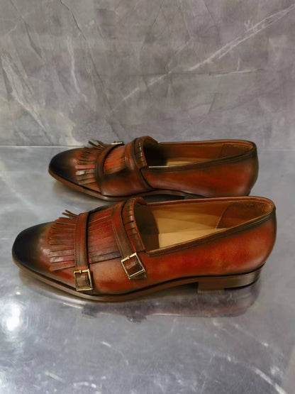 Retro Style Classic Men Polished Cow Leather Loafer Shoes Spring Autumn Male Round Toe Slip On Brown Single Shoes