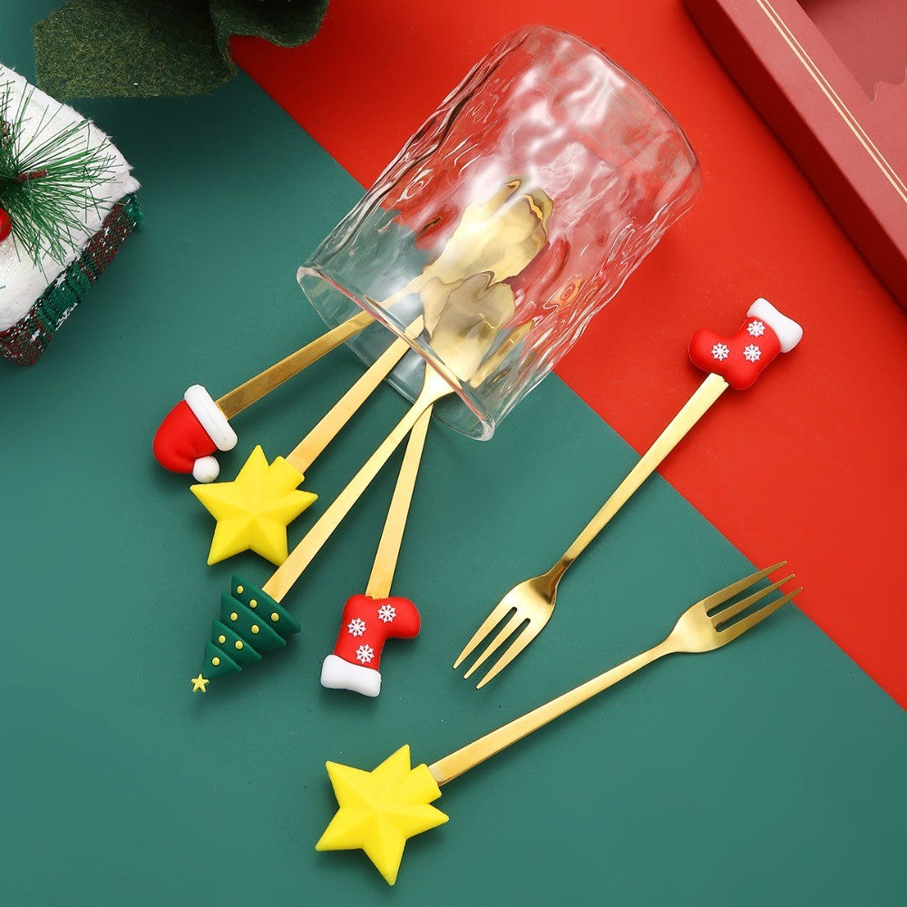 Christmas Cutlery Set Elk Dessert Scoop Fruit Fork Coffee Spoon Stainless Steel Dessert Fork 4/6PCS Christmas Spoons Fork Set