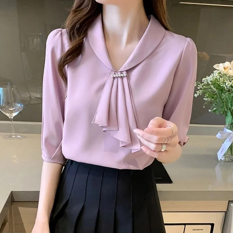Women Summer Style Blouses Shirts Lady Office Wear OL Short Sleeve Bow Tie Collar Pink Blusas Tops