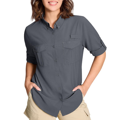 TACVASEN Womens UPF 50+ Fishing Shirts UV Block Quick Dry Long Sleeve Cargo Shirts Breathable Mesh Outdoor Trekking Hiking Shirt