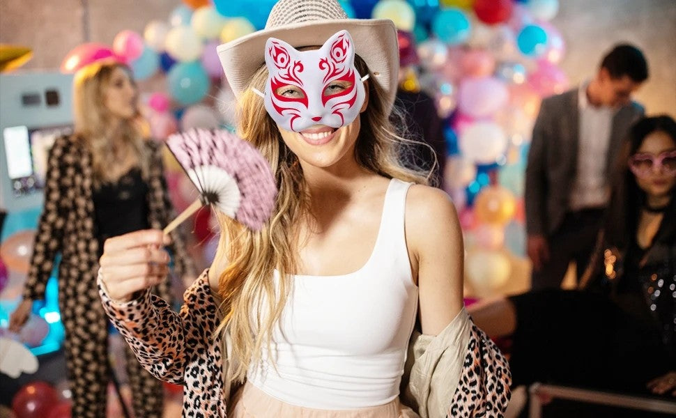 5PCS Therian Masks White Cat Masks Blank DIY Halloween Mask Animal Half Facemasks Masquerade Cosplay Party