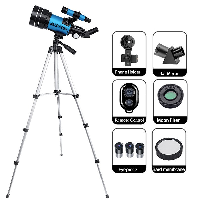 Telescópio Astronômico ALLFOCUS 150X, Telescópio Refrator Portátil de Viagem com Abertura de 70mm com Adaptador de Telefone e Controle Remoto Sem Fio