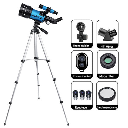 Telescópio Astronômico ALLFOCUS 150X, Telescópio Refrator Portátil de Viagem com Abertura de 70mm com Adaptador de Telefone e Controle Remoto Sem Fio