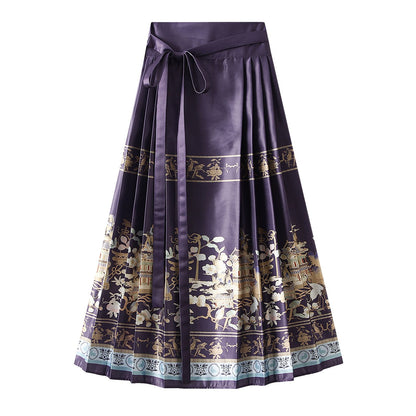 Women s Horse Face Skirt Elegant Phoenix Character Flower Print Pleated Tie Up A-Line Long Swing Skirt National Clothing