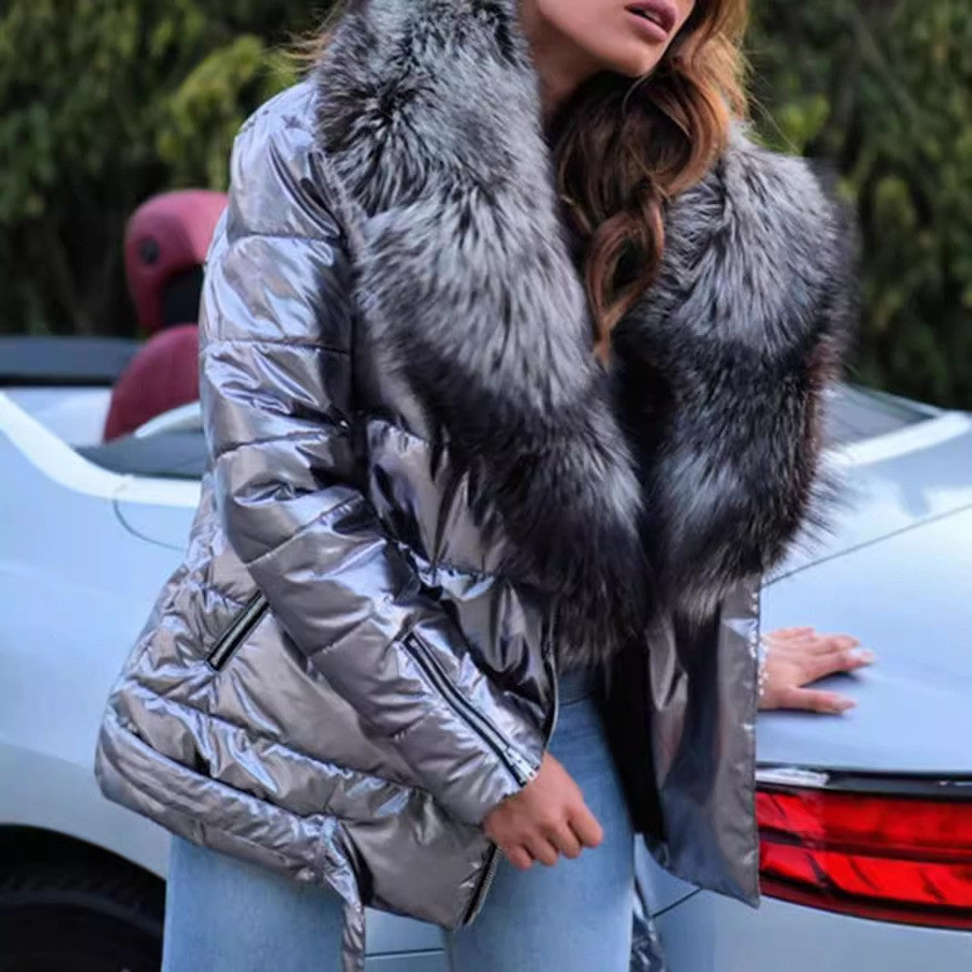 Ladies Winter Warm Shiny Short Coat Thick Fake Fur Collar Long Sleeve Jacket