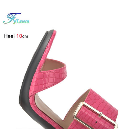 New Summer Buckle Strap Outside Women Slipper  Open Toe High Heeled 10CM Women's Sandals Thin Heels Neutral Slippers Party Pumps