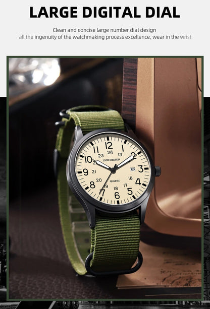 LIGE Top Brand Luxury Men Quartz Watch Date Nylon Leather Waterproof Luminous Military Sports Watches For Men relogios masculino