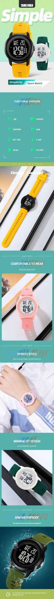 SKMEI 2218 Fashion Digital Watches for Women Men Waterproof Sports LED Display Mens Womens Wristwatches Alarm Reloj De Mujer