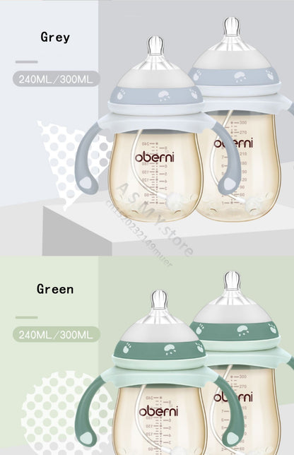 Oberni 240ml/300ml newborn PPSU baby bottle, large wide-bore easy to clean, wear a handle, baby more convenient to drink milk