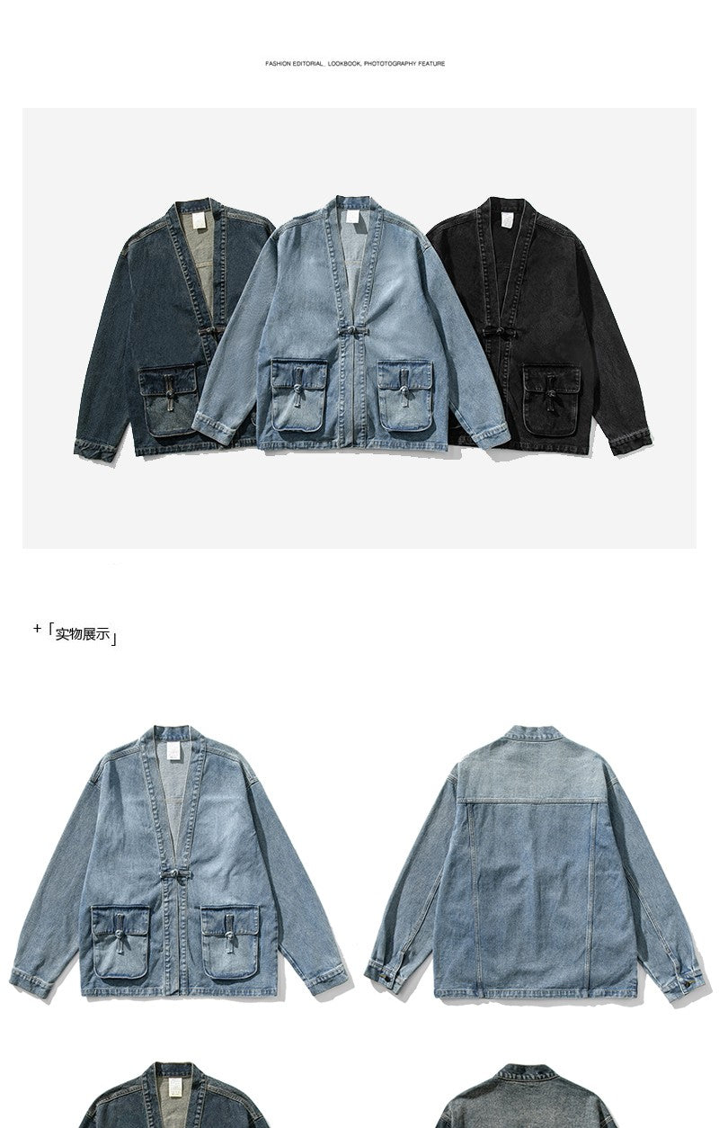 Denim Kimono Jacket Men Fashion Casual Jeans Jackets Coats Male Chinese Style Button Denim Jacket Vintage Hip Hop Loose Outwear