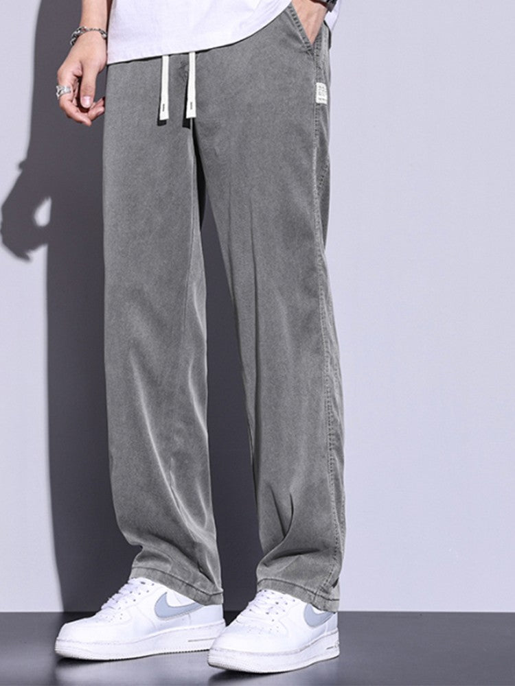 Calça Masculina de Verão Leve Fina Solta Reta Perna Larga Popular com Cordão na Cintura Elástica Coreana Tecido Lyocell Calças Folgadas