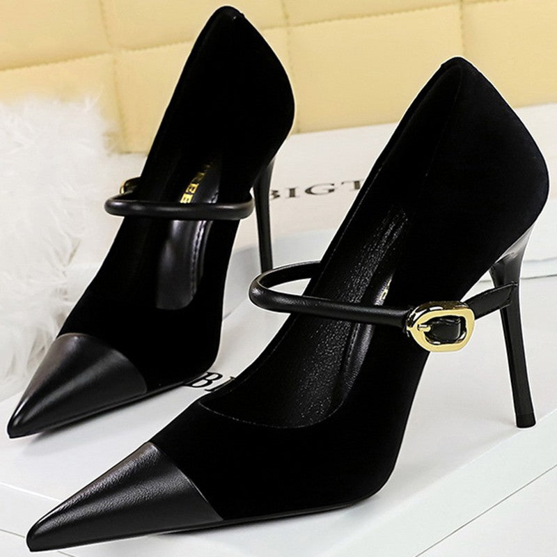 Korean Version Party 10cm 7cm High Heels Women Shoes Thin Heels Velvet Shallow Montage Pointed Toe Metal One-line Buckle Pumps
