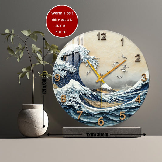 Tempered Glass Wall Clock Great Wave Mount Fuji Cranes Suitable For Wall Decor or Tabletop Display Anywhere